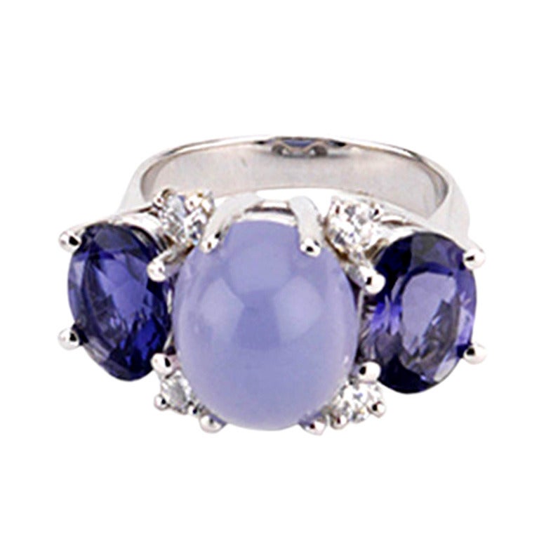 Medium GUM DROP™ Ring with Cabochon Chalcedony and Iolite and Diamonds For Sale