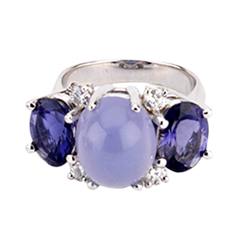 Medium GUM DROP Ring with Cabochon Chalcedony and Iolite and Diamonds For Sale
