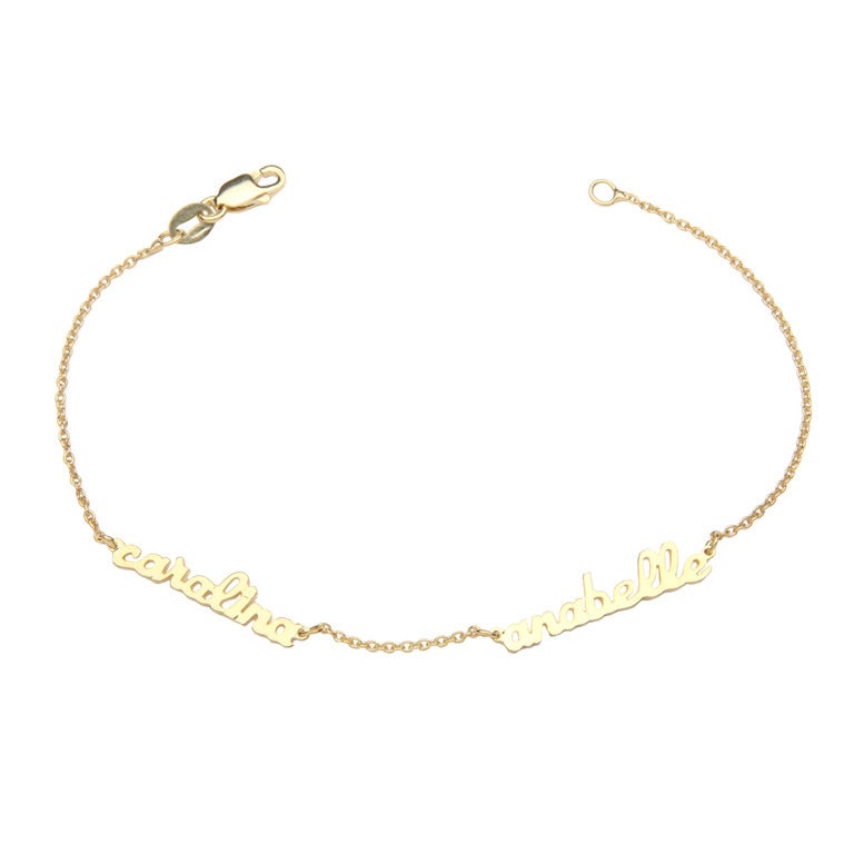 Yellow Gold Personalized Mini Script Name Bracelet with Two Names For Sale