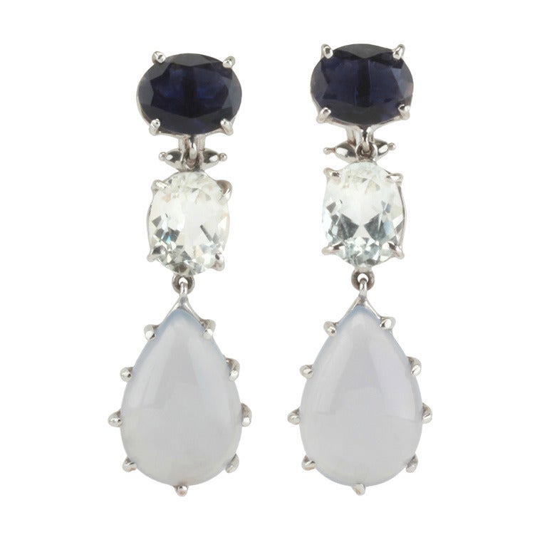 Iolite Rock Crystal Chalcedony White Gold Three Stone Drop Earrings For Sale