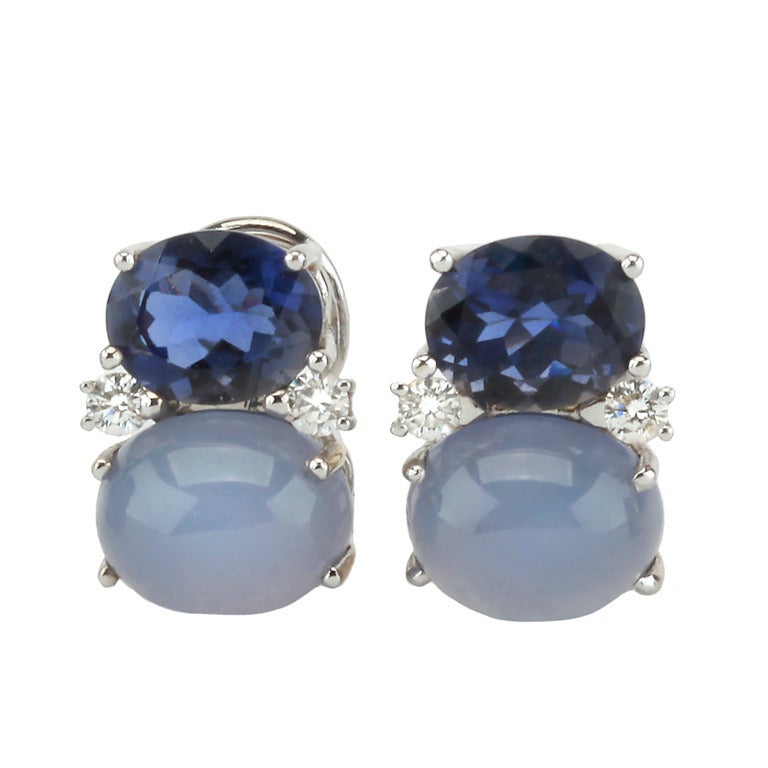 Medium GUM DROP™ Earrings with Iolite and Cabochon Chalcedony and Diamonds For Sale