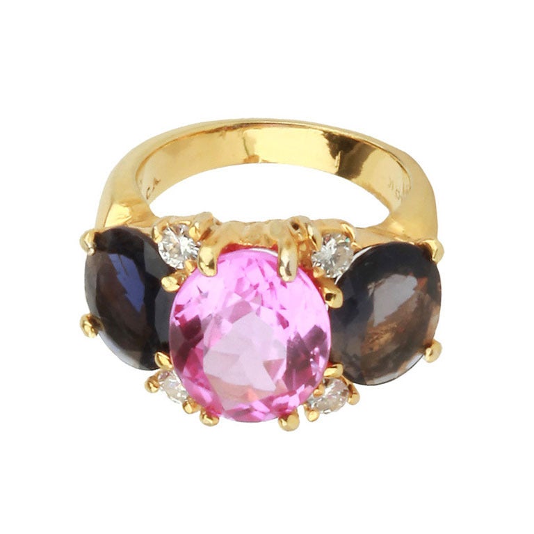 Medium GUM DROP™ Ring with Pink Topaz and Iolite and Diamonds For Sale