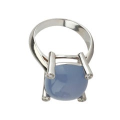 White Gold Small Cushion Ring with Cabochon Chalcedony and Diamonds