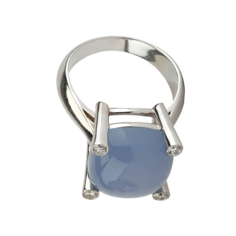 White Gold Small Cushion Ring with Cabochon Chalcedony and Diamonds