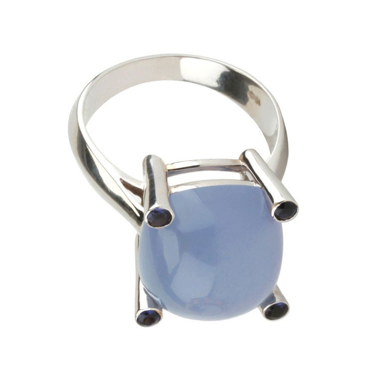 White Gold Small Cushion Ring with Cabochon Chalcedony and Iolite For Sale