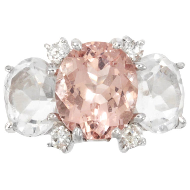 Medium GUM DROP Ring with Kunzite and Rock Crystal and Diamonds For Sale