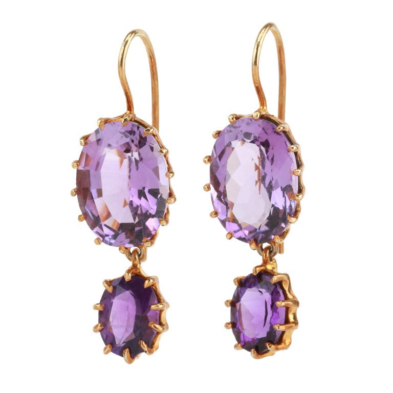 Yellow Gold Plated Multi Prong Two Stone Drop Earrings with Amethyst For Sale