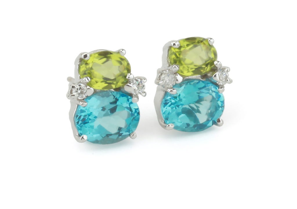 Oval Cut Mini GUM DROP Earrings with Peridot and Blue Topaz and Diamonds For Sale