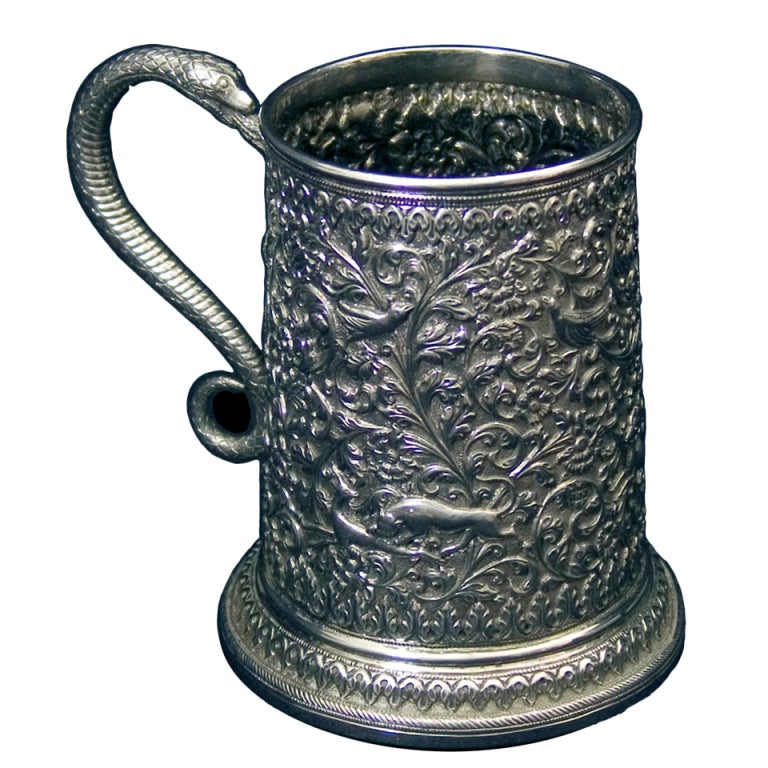 Kutch Victorian Indian Silver Tankard by Oomersee Mawjee animals in foliage For Sale