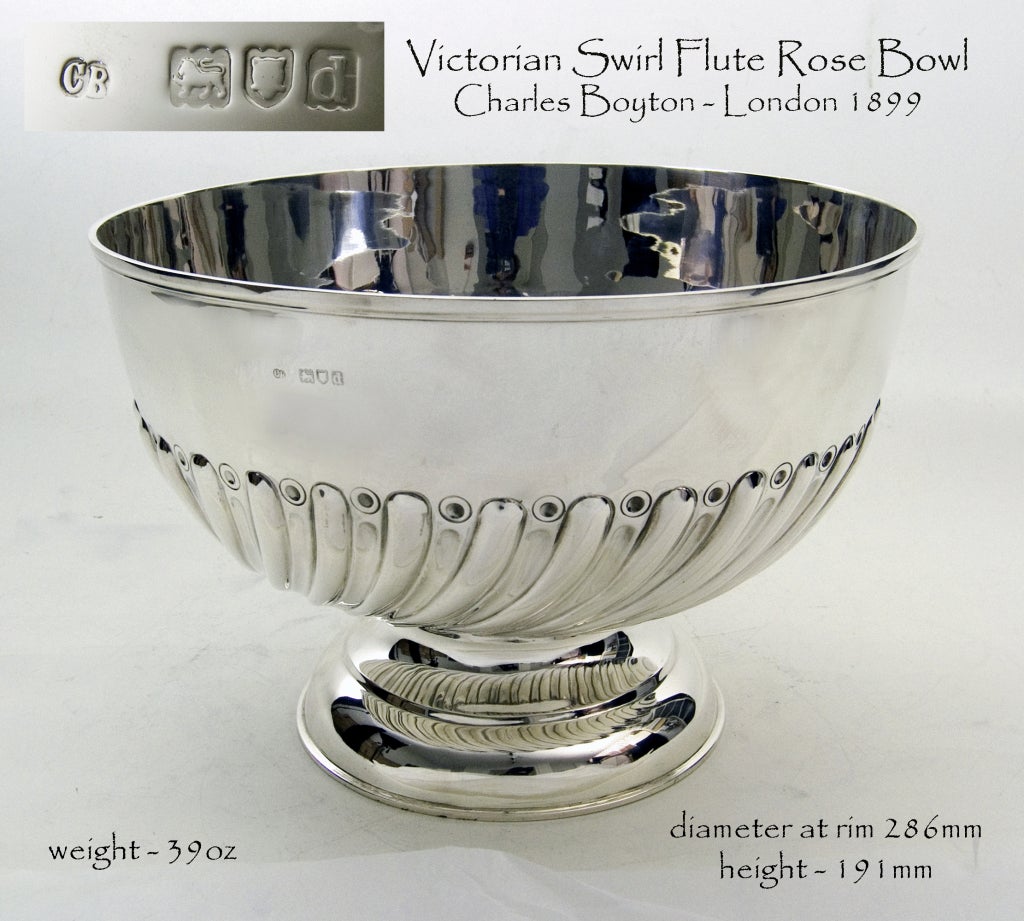 A Victorian silver Rose bowl with half swirl flute decoration on pedestal foot 

Signed/Inscribed/Dated: London 1899 by Charles Boyton