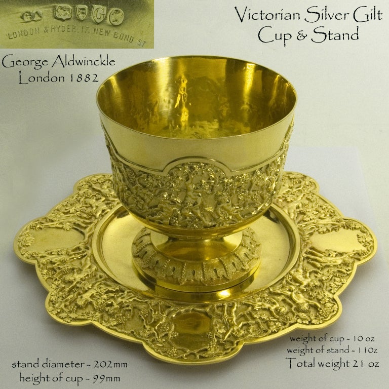 Women's or Men's Victorian English Silver-gilt Gold on silver bowl & stand Bacchanalian relief For Sale