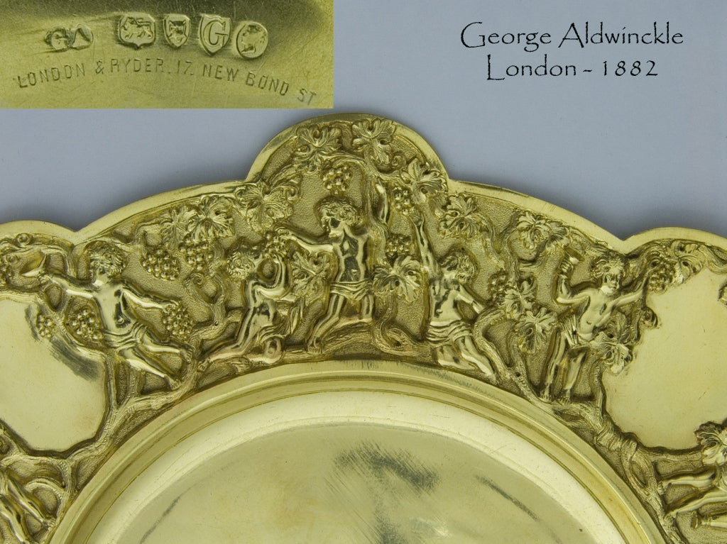 Victorian English Silver-gilt Gold on silver bowl & stand Bacchanalian relief For Sale 1