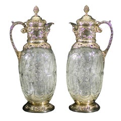 Pair Antique Silver and Carved Glass Claret Jugs