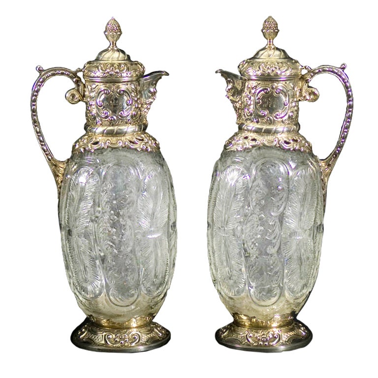 Pair Antique Silver and Carved Glass Claret Jugs For Sale