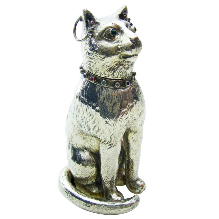 Antique Silver Model of a Bejewelled Collared Cat For Sale