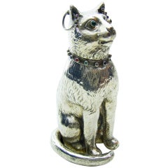Antique Silver Model of a Bejewelled Collared Cat imported by Edwin T Briant