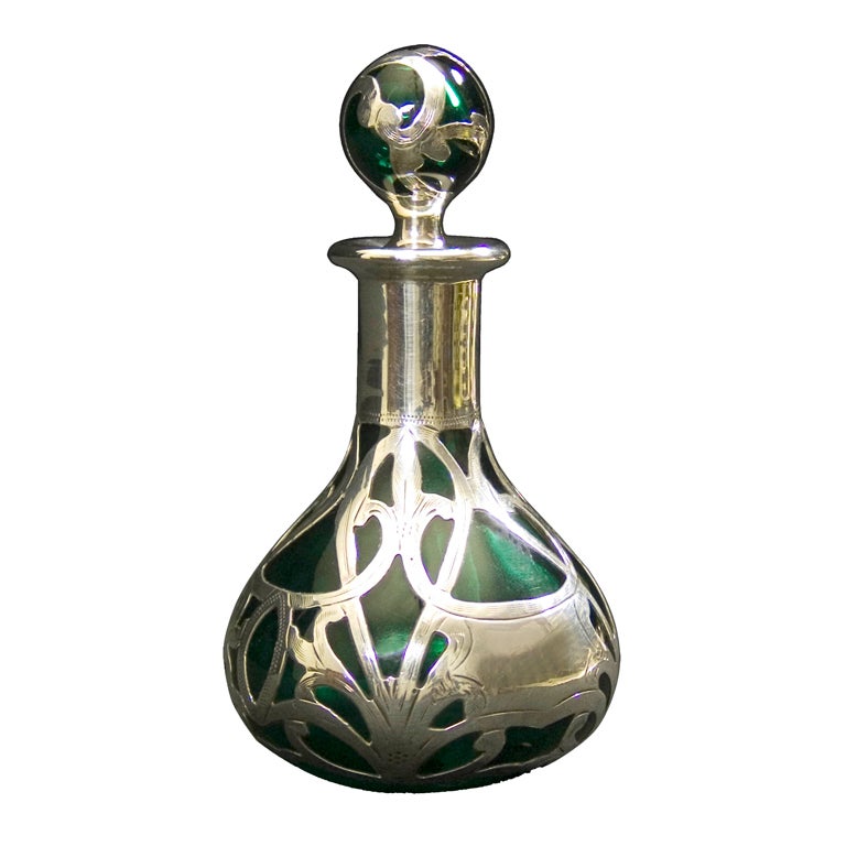 Antique Silver Overlay Green Glass Scent Bottle For Sale