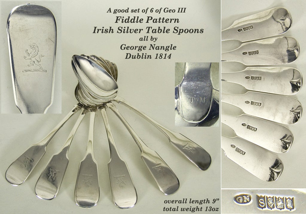A very good set of six antique Irish Georgian silver table spoons with original lion crest.
By George Nangle of Dublin, Ireland.