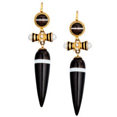 Victorian Banded Agate Natural Pearl and Gold Drop Earrings