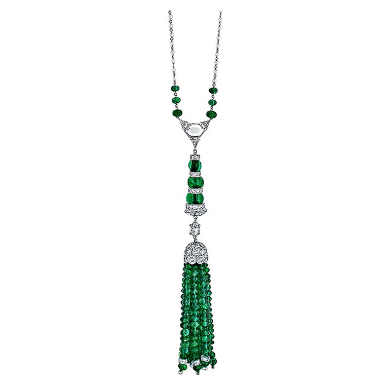 Art Deco Pearl Emerald Diamond Platinum Tassel Sautoir