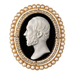 Victorian Hardstone Diamond and Pearl Cameo Brooch 11