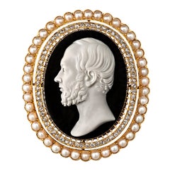 Antique Victorian Hardstone Diamond and Pearl Cameo Brooch