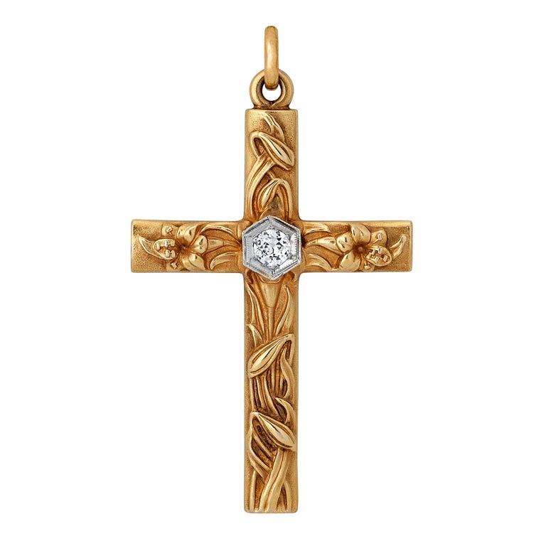 Art Nouveau Handmade Diamond and Gold Cross Pendant
