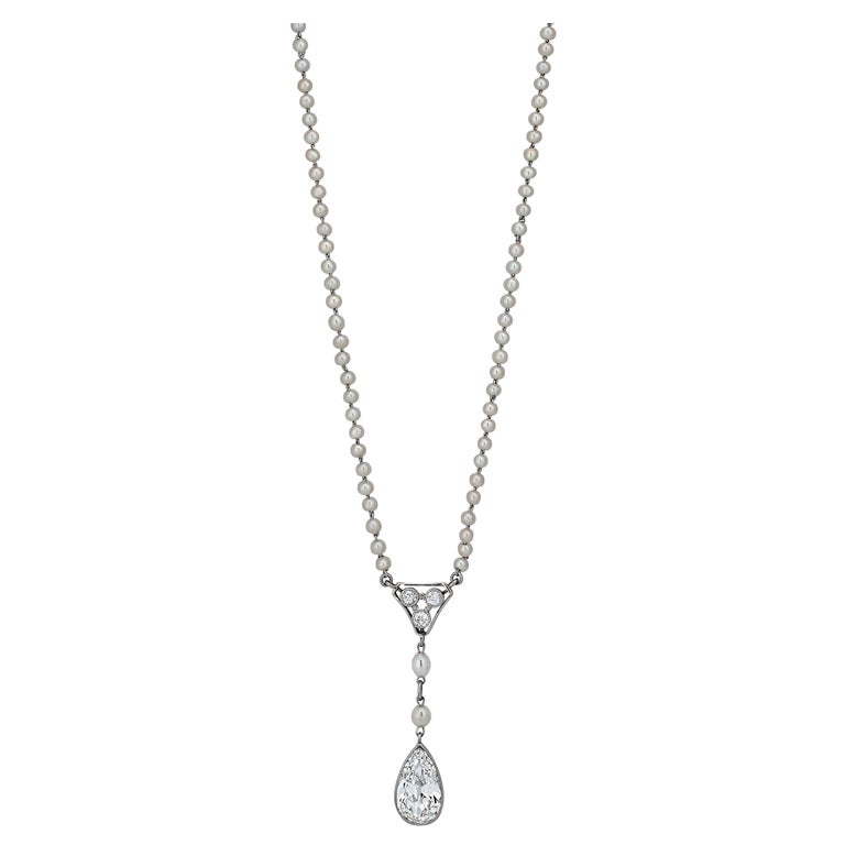 Art Deco Natural Pearl Diamond Platinum Pendant Necklace