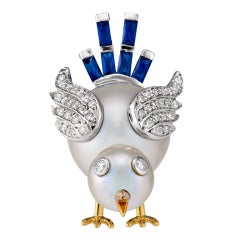 Vintage Seaman Schepps Diamond, Sapphire, and Pearl Chickadee Brooch