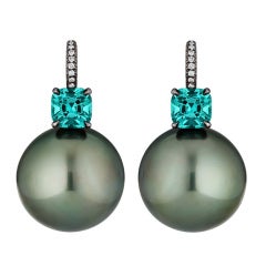 STEVEN FOX Green Tourmaline Pearl Diamond Earrings