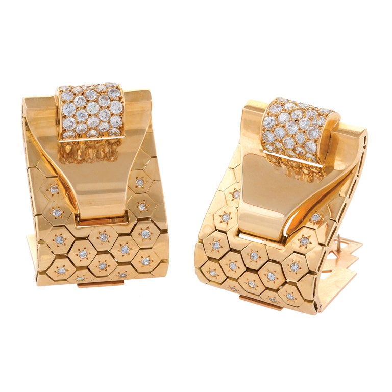 VAN CLEEF & ARPELS 'LUDO" Gold Diamond Retro Clips For Sale