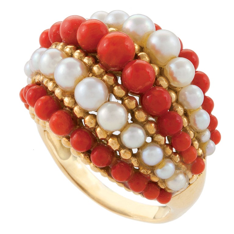Van Cleef & Arpels 1960's Coral, Pearl and Gold "Twist" Ring