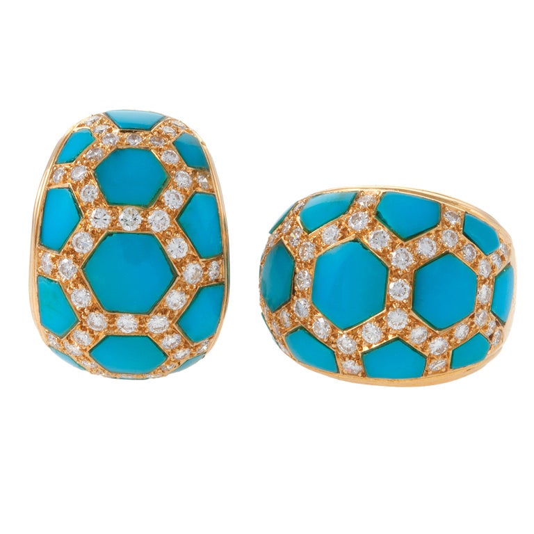 VAN CLEEF & ARPELS Turquoise Diamond Honeycomb Earclips For Sale