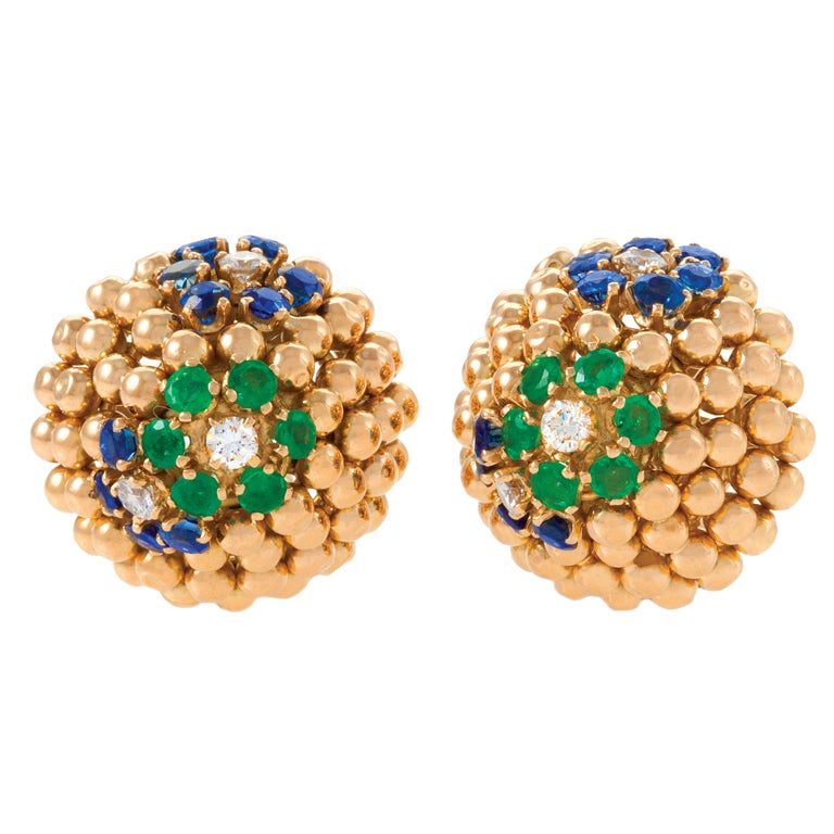 Van Cleef & Arpels 1960's Jeweled Gold "Hawaii"  Earrings 