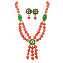 VAN CLEEF & ARPELS Magnificent Coral Jade Necklace and Earrings