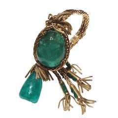 French 1950's Cabochon Emerald Gold Tassle Bracelet 11