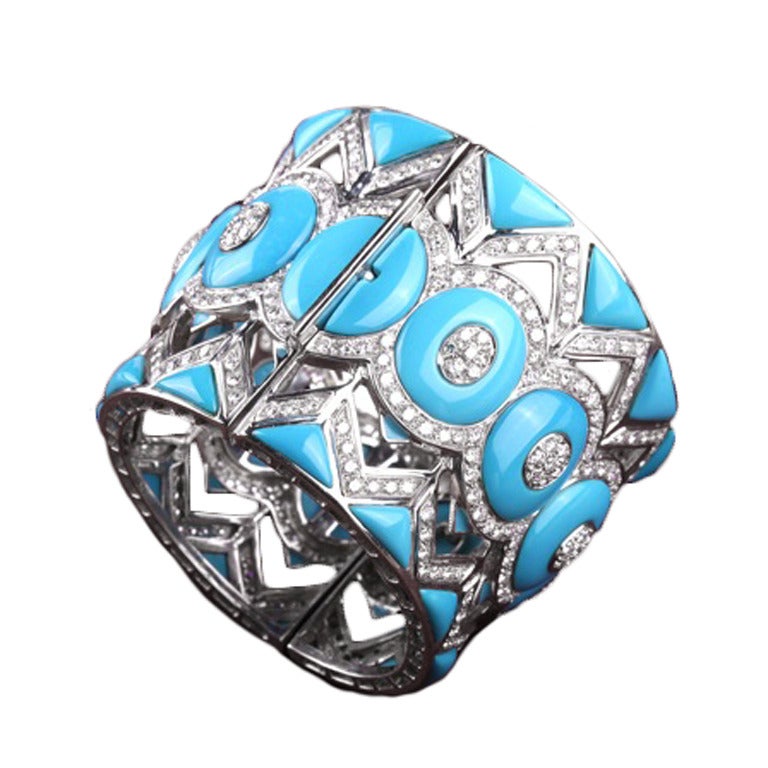 Powerful Turquoise Diamond Cuff Bracelet For Sale