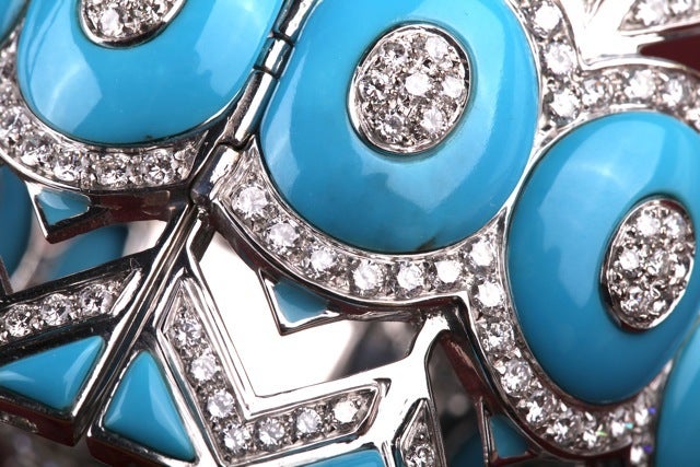 Women's Powerful Turquoise Diamond Cuff Bracelet For Sale