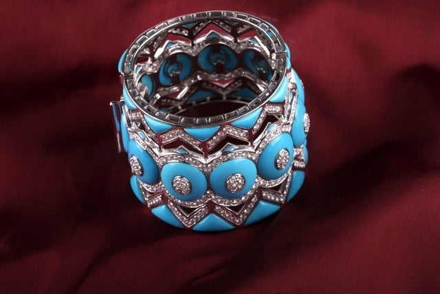 Powerful Turquoise Diamond Cuff Bracelet For Sale 1