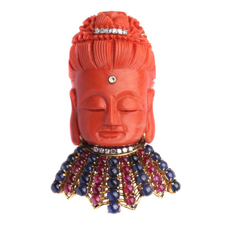 A Coral and Precious Stones Buddha Brooch/Pendant