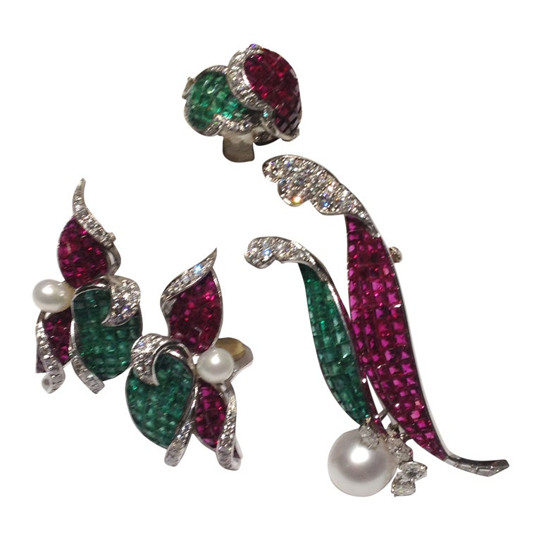 RENE KERN Invisible Setting Ruby and Emerald Diamond Parure