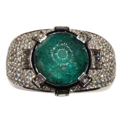 Magnificent Carved Mughal Emerald and Diamond Bangle 10