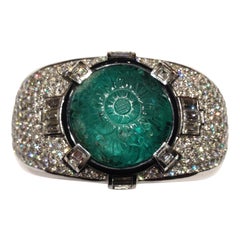 Magnificent Carved Mughal Emerald and Diamond Bangle