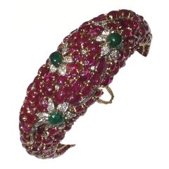 Vintage French 1940's Tutti Frutti Carved Ruby Emerald Diamond Bangle