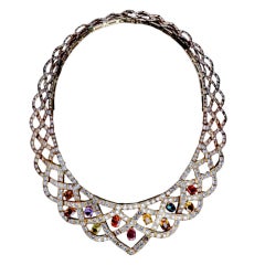 Modern Multi Color Sapphire and Diamond Draperie Necklace 