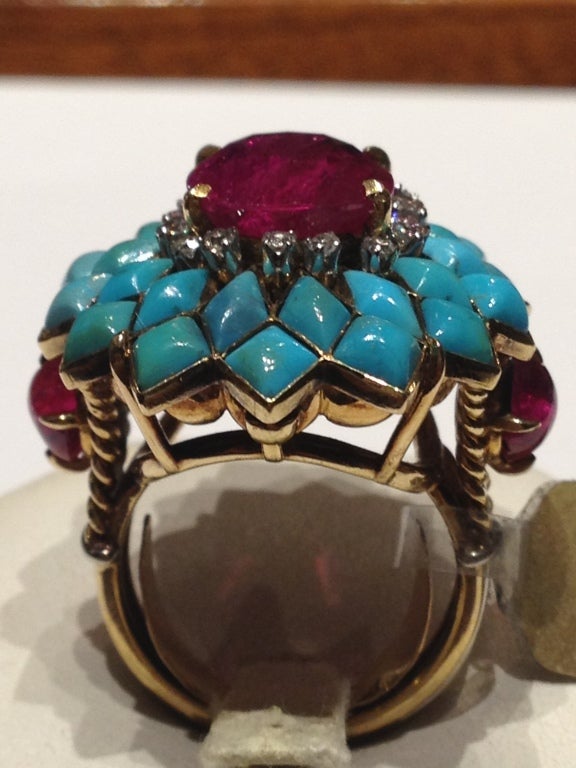 Ruby and Turquoise Cocktail Ring In Good Condition In New York, NY