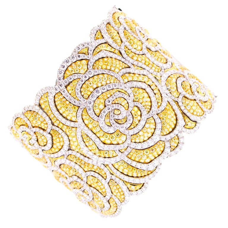 Canary and White Diamond Cuff Bracelet For Sale