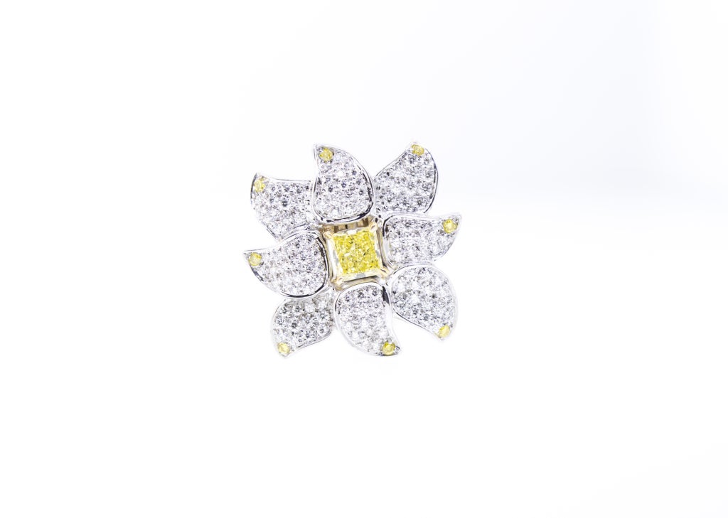 Platinum and 18K Gold earrings each have a ½ Carat Natural Canary Radiant cut Diamond in the center. 2.75 Carats Total.
Hand fabricated.  Azured backs.
