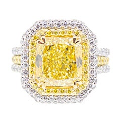 4 Carat Natural Fancy Intense Radiant Cut Diamond Ring