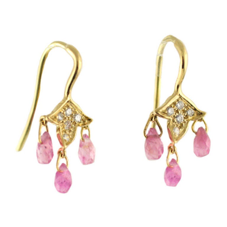 18Kt Gold, Pink Sapphire and Diamond Leaf Drop Earrings